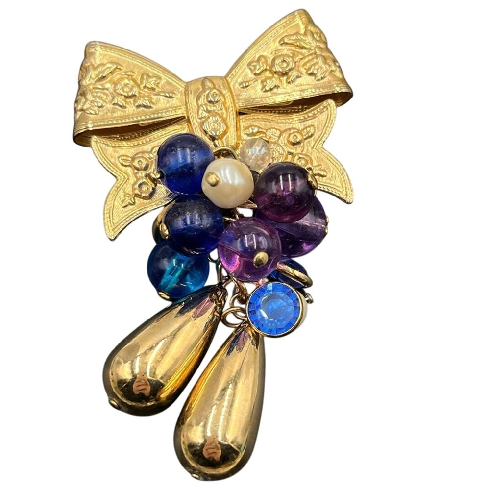 Vintage Gold Tone Bow Teardrops Blues and Purples Dangle‎ Brooch